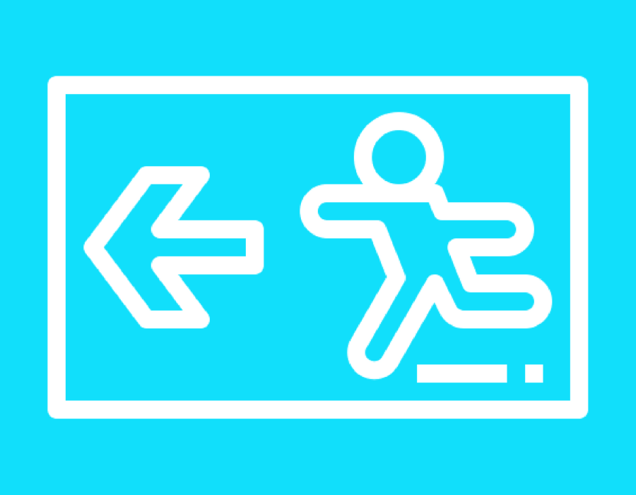Running to the exit graphic with blue background